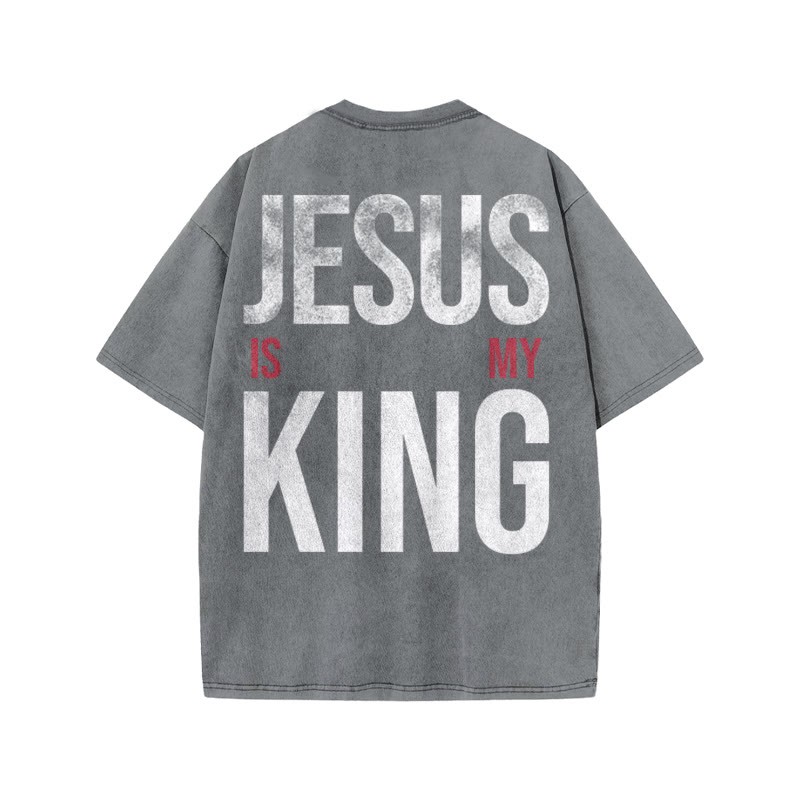 Jesus Is My King Distressed Print Acid Washed T-shirt - Grey - US20-22(3XL) - image 3