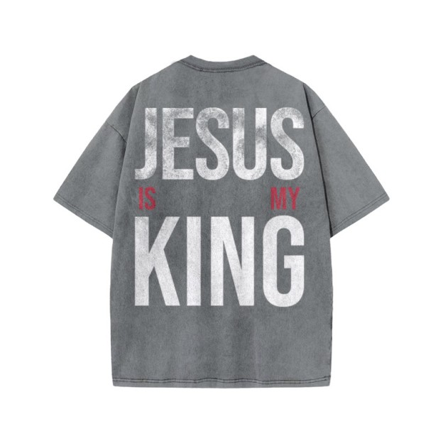 Jesus Is My King Distressed Print Acid Washed T-shirt - Grey - US20-22(3XL) - image 3