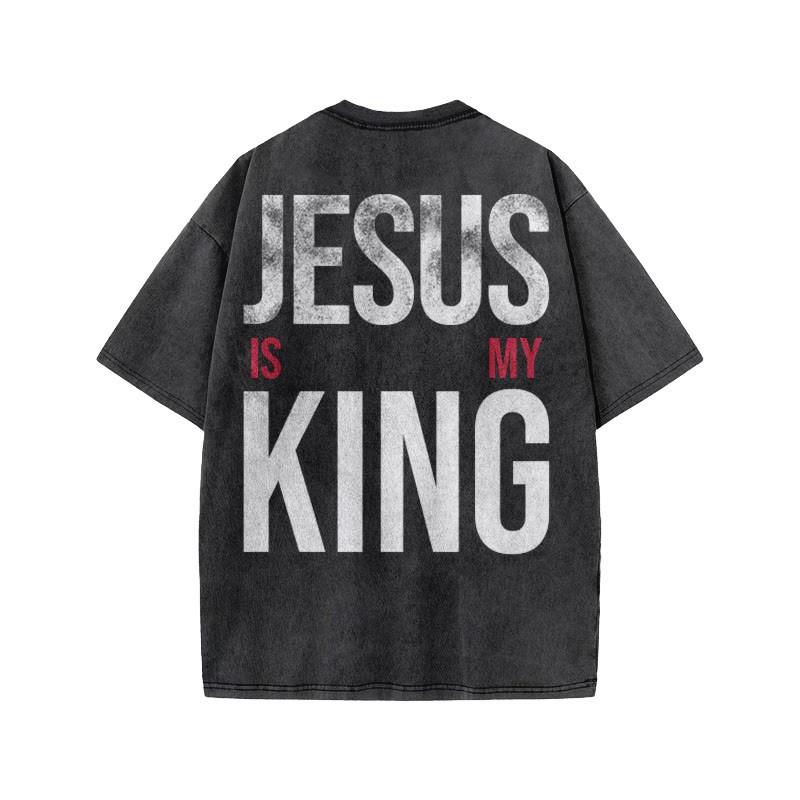Jesus Is My King Distressed Print Acid Washed T-shirt - Black - US20-22(3XL) - image 1