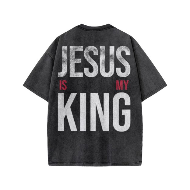 Jesus Is My King Distressed Print Acid Washed T-shirt - Black - US20-22(3XL) - image 1