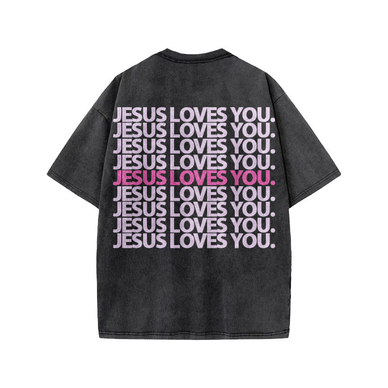 Jesus Loves You Color-blocking Print Acid Washed T-shirt - image 1