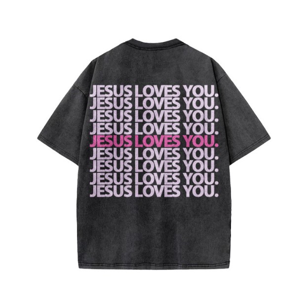 Jesus Loves You Color-blocking Print Acid Washed T-shirt - image 1