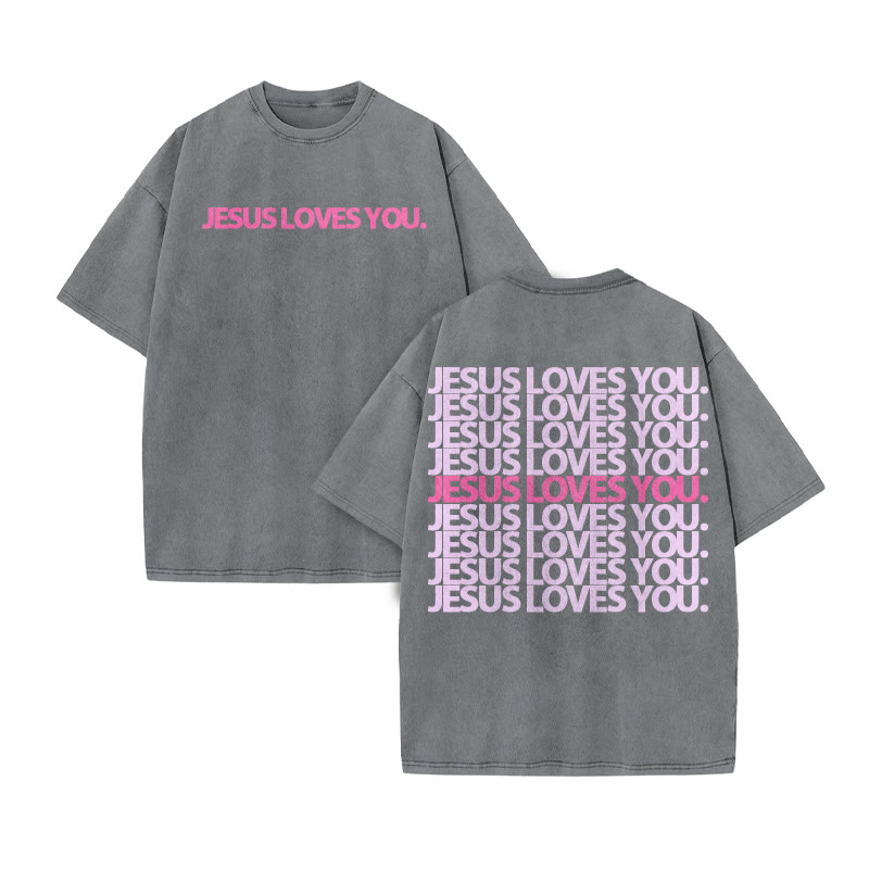 Jesus Loves You Color-blocking Print Acid Washed T-shirt - Grey - US20-22(3XL) - image 3