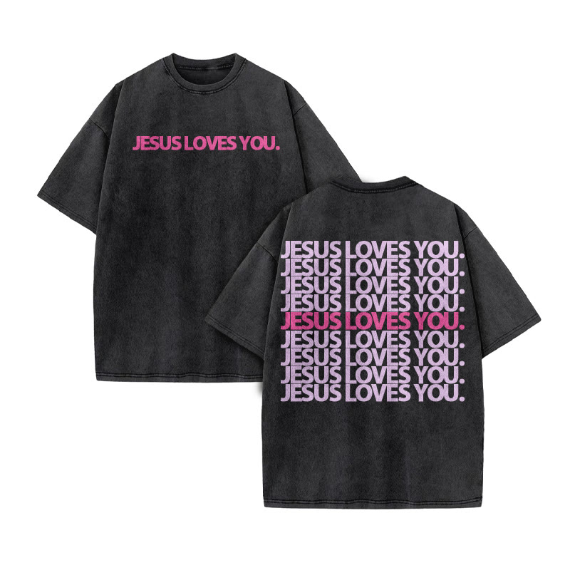 Jesus Loves You Color-blocking Print Acid Washed T-shirt - Black - US20-22(3XL) - image 2