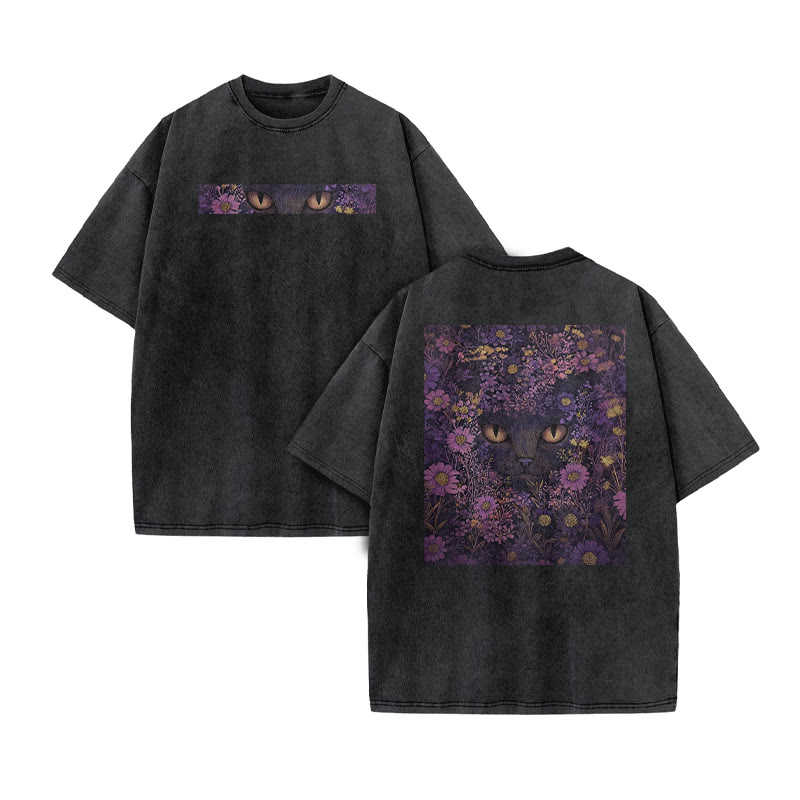 A Black Cat In A Field Of Purple Flowers Print Acid Washed T-shirt - Black - US20-22(3XL) - image 2
