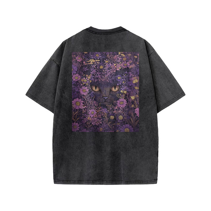 A Black Cat In A Field Of Purple Flowers Print Acid Washed T-shirt - image 1