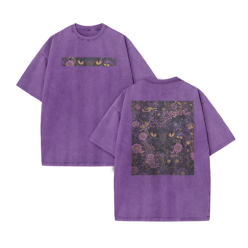 A Black Cat In A Field Of Purple Flowers Print Acid Washed T-shirt - Purple - US20-22(3XL) - image 3