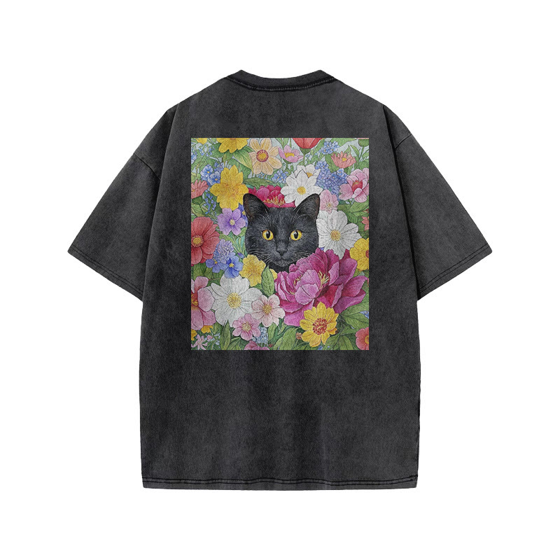 A Black Cat In A Field Of Colorful Flowers Print Acid Washed T-shirt - image 1