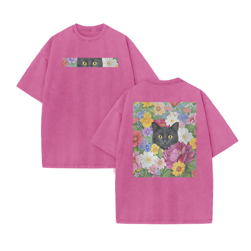 A Black Cat In A Field Of Colorful Flowers Print Acid Washed T-shirt - Pink - US20-22(3XL) - image 3