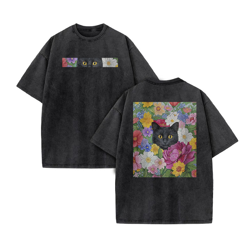 A Black Cat In A Field Of Colorful Flowers Print Acid Washed T-shirt - Black - US20-22(3XL) - image 2