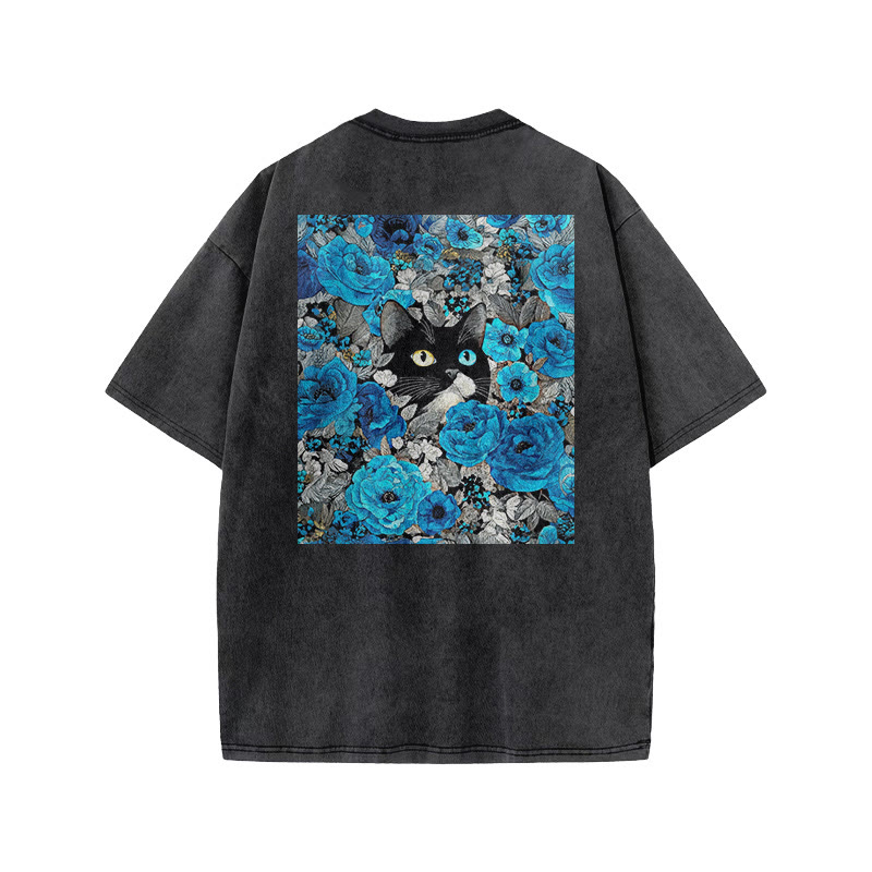 A Black Cat In A Field Of Blue Flowers Print Acid Washed T-shirt - image 1