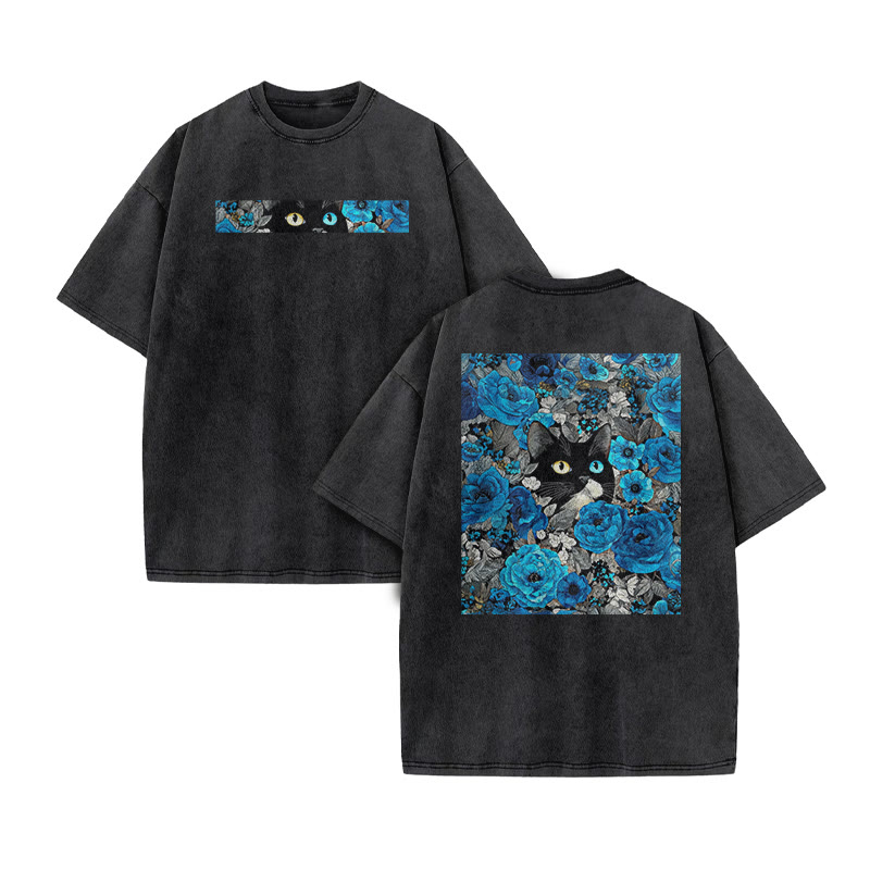 A Black Cat In A Field Of Blue Flowers Print Acid Washed T-shirt - Black - US20-22(3XL) - image 2
