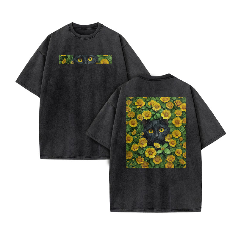 A Black Cat In A Field Of Yellow Flowers Print Acid Washed T-shirt - Black - US20-22(3XL) - image 2