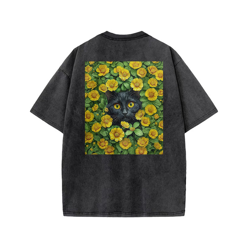 A Black Cat In A Field Of Yellow Flowers Print Acid Washed T-shirt - image 1
