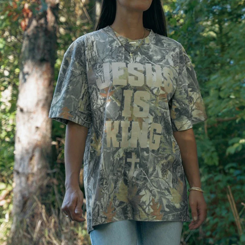 Jesus Is King Cross Dead Leaves Camouflage Print Causal T-shirt - image 1