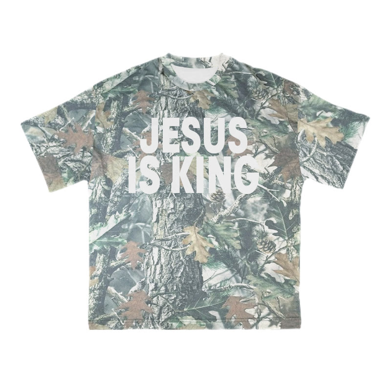 Jesus Is King Dead Leaves Camouflage Print Causal T-shirt - Green - 8XL - image 1