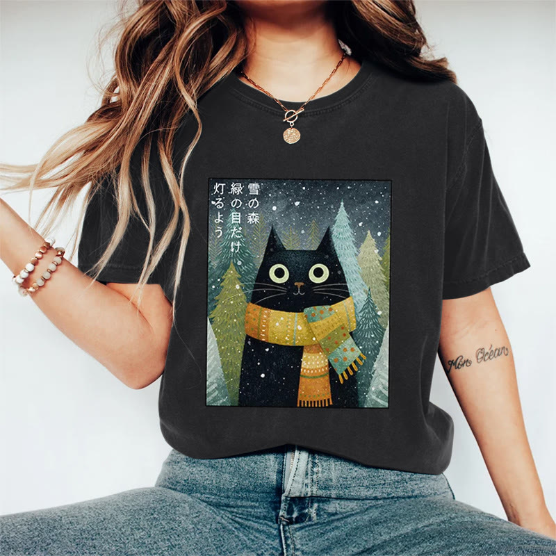 Japanese Christmas Tree Black Cat Print Acid Washed T-shirt - Black - US20-22(3XL) - image 1