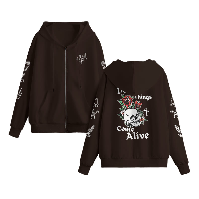 Dead Things Come Alive Print Zip Up Hoodie - Coffee - US16-18(2XL) - image 5