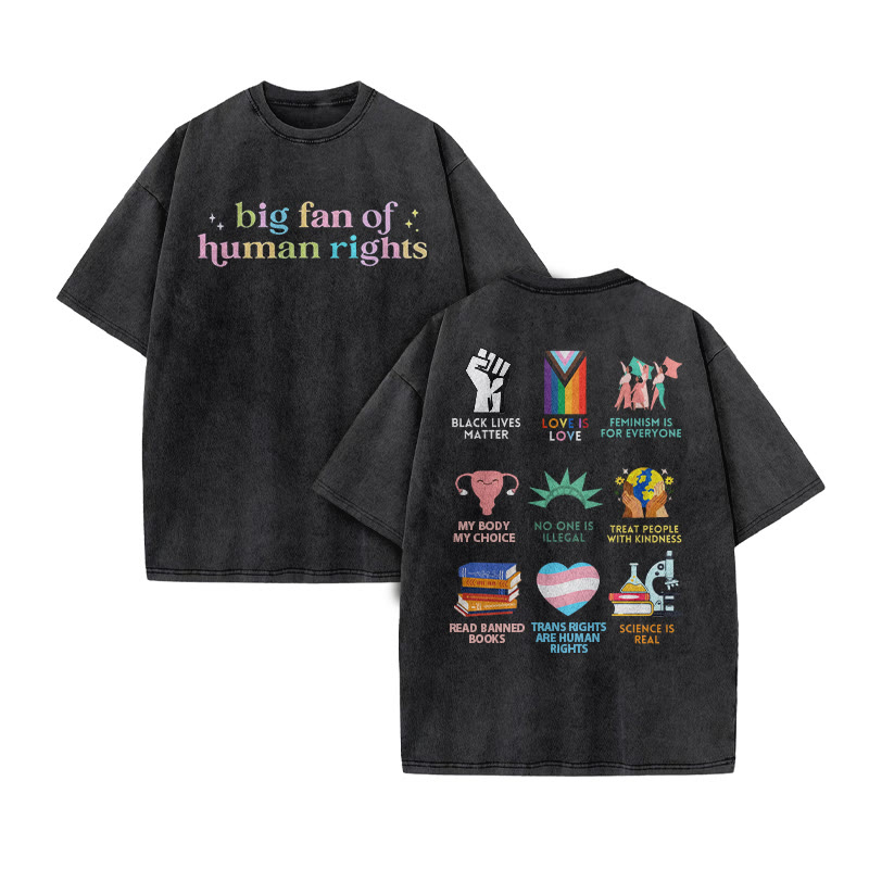 Big Fan Of Human Rights Print Acid Washed T-shirt - Black - US20-22(3XL) - image 2