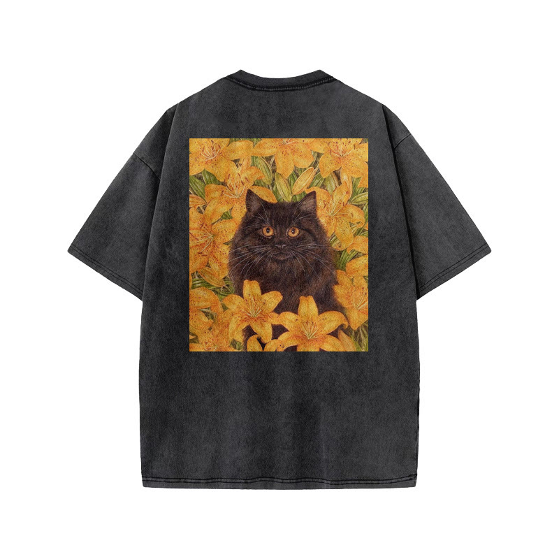 A Black Cat In A Field Of Golden Lilies Print Acid Washed T-shirt - image 1