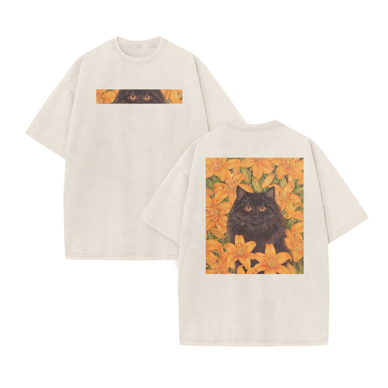 A Black Cat In A Field Of Golden Lilies Print Acid Washed T-shirt - Beige - US20-22(3XL) - image 3