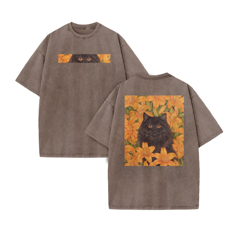 A Black Cat In A Field Of Golden Lilies Print Acid Washed T-shirt - Coffee - US20-22(3XL) - image 5