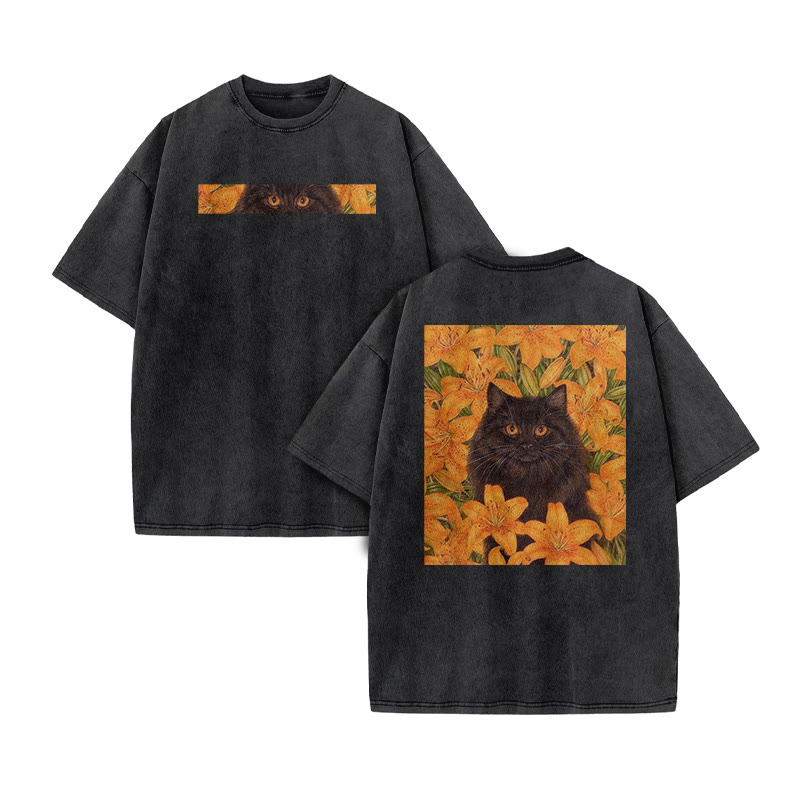 A Black Cat In A Field Of Golden Lilies Print Acid Washed T-shirt - Black - US20-22(3XL) - image 2