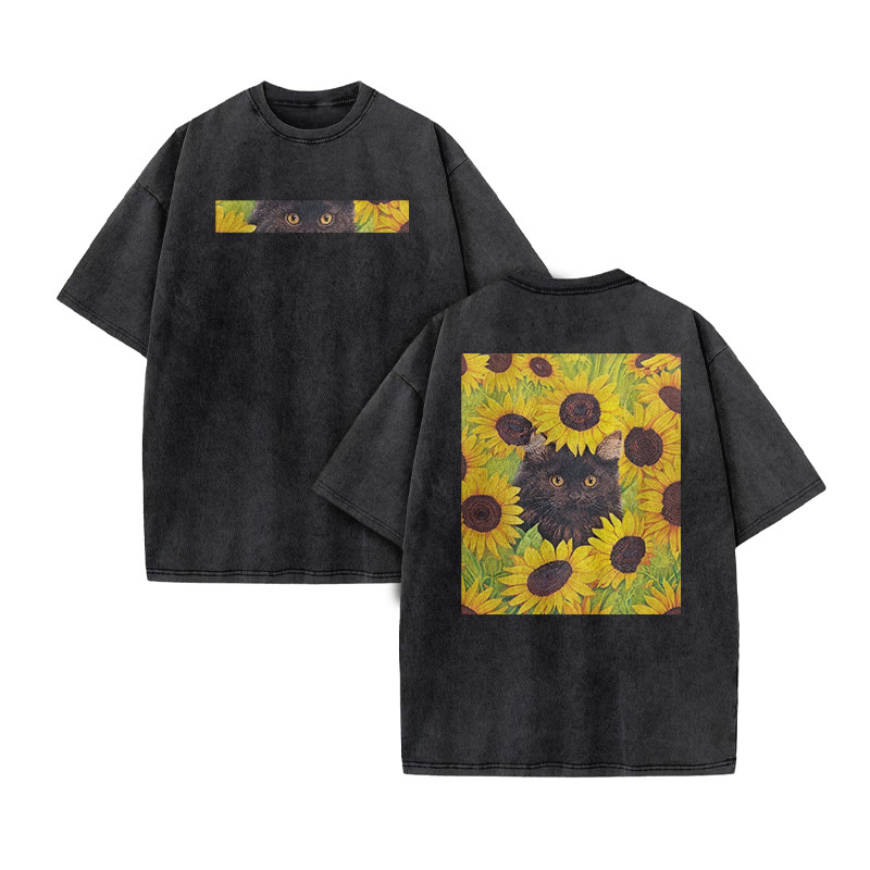 A Black Cat Hidden Among Clusters Of Sunflowers Print Acid Washed T-shirt - Black - US20-22(3XL) - image 2