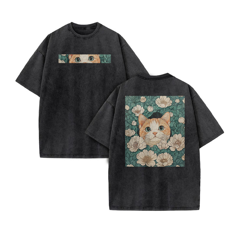 A Black Cat Hidden Among Clusters Of White Flowers Print Acid Washed T-shirt - Black - US20-22(3XL) - image 2