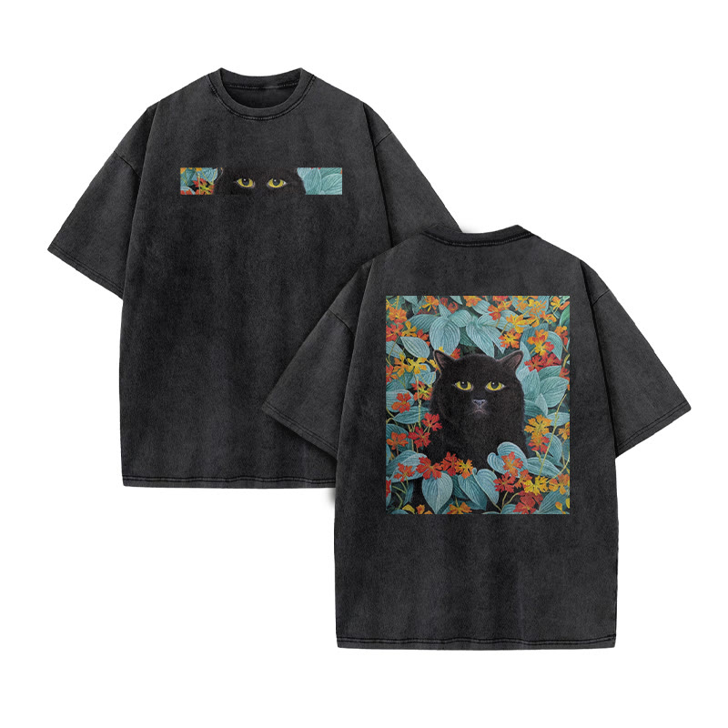 A Black Cat In A Field Of Blue Leaves Print Acid Washed T-shirt - Black - US20-22(3XL) - image 2