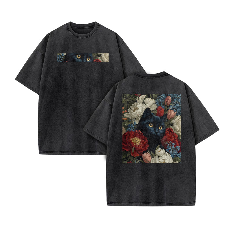 A Black Cat Hidden Among Clusters Of Red-white Peonies Print Acid Washed T-shirt - Black - US20-22(3XL) - image 2