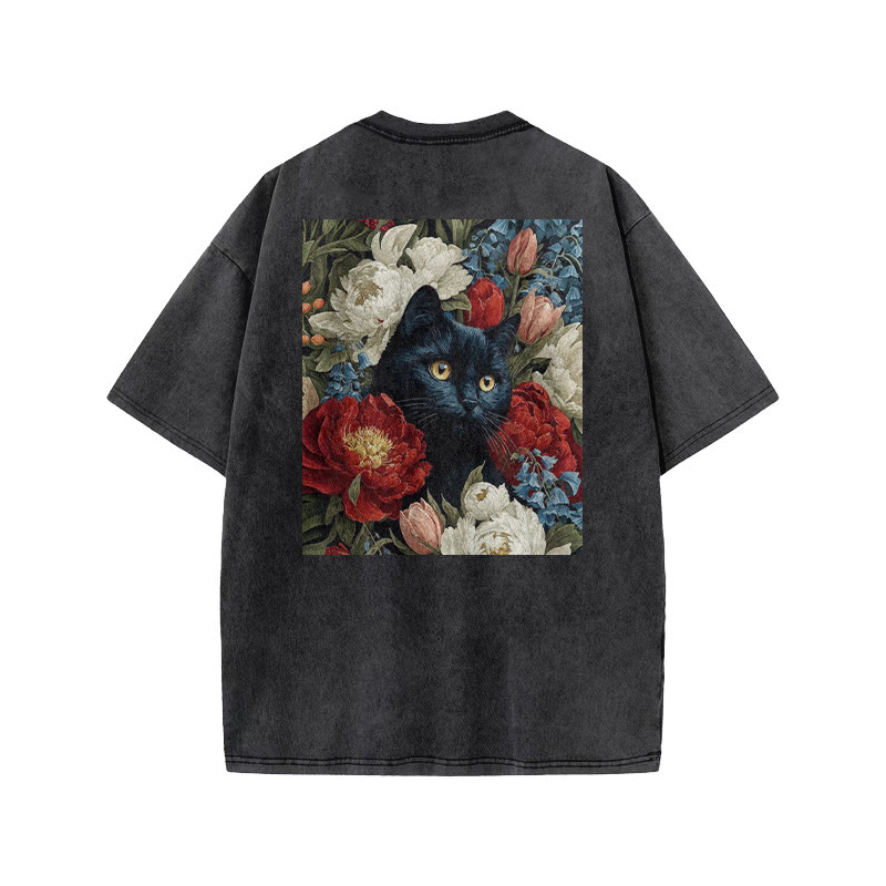 A Black Cat Hidden Among Clusters Of Red-white Peonies Print Acid Washed T-shirt - image 1