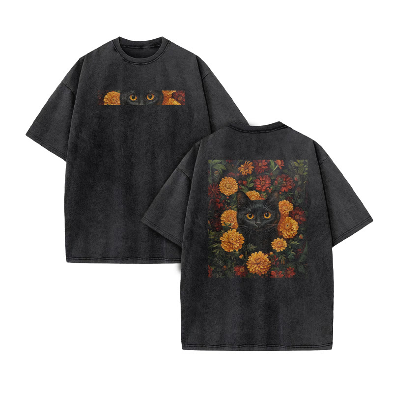 A Black Cat In A Field Of Chrysanthemums Print Acid Washed T-shirt - Black - US20-22(3XL) - image 2
