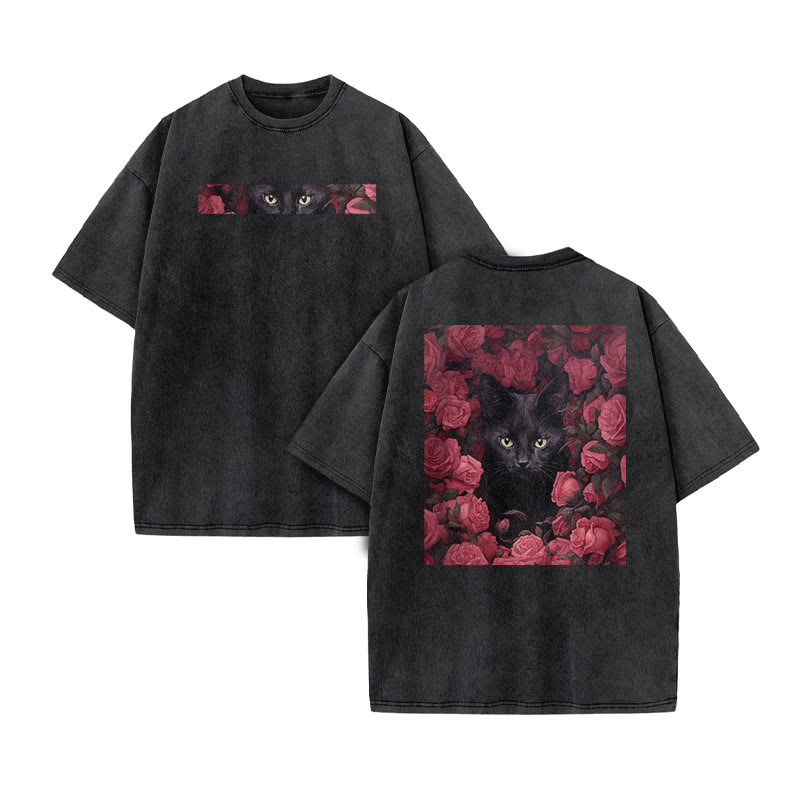 A Black Cat Hidden Among Clusters Of Magenta Roses Print Acid Washed T-shirt - Black - US20-22(3XL) - image 2