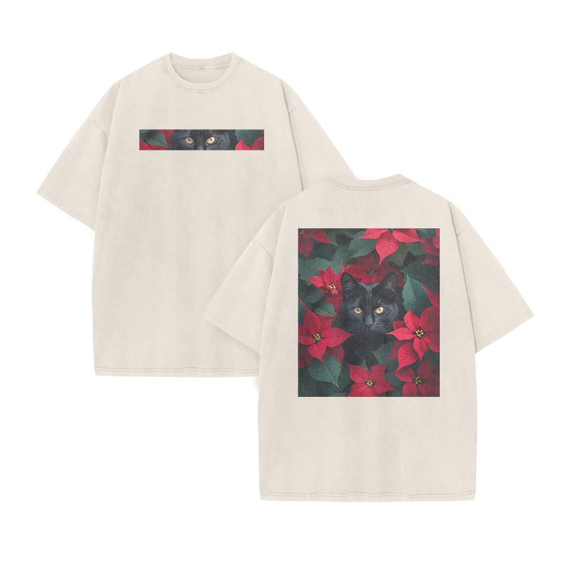 A Black Cat In A Field Of Christmas Flowers Print Acid Washed T-shirt - Beige - US20-22(3XL) - image 3