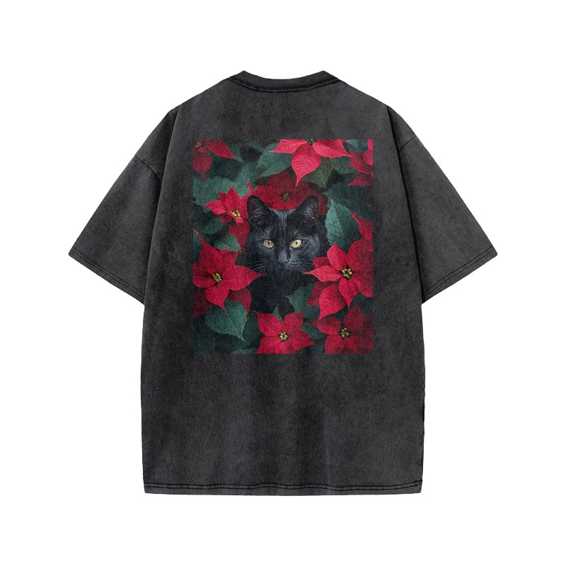 A Black Cat In A Field Of Christmas Flowers Print Acid Washed T-shirt - image 1