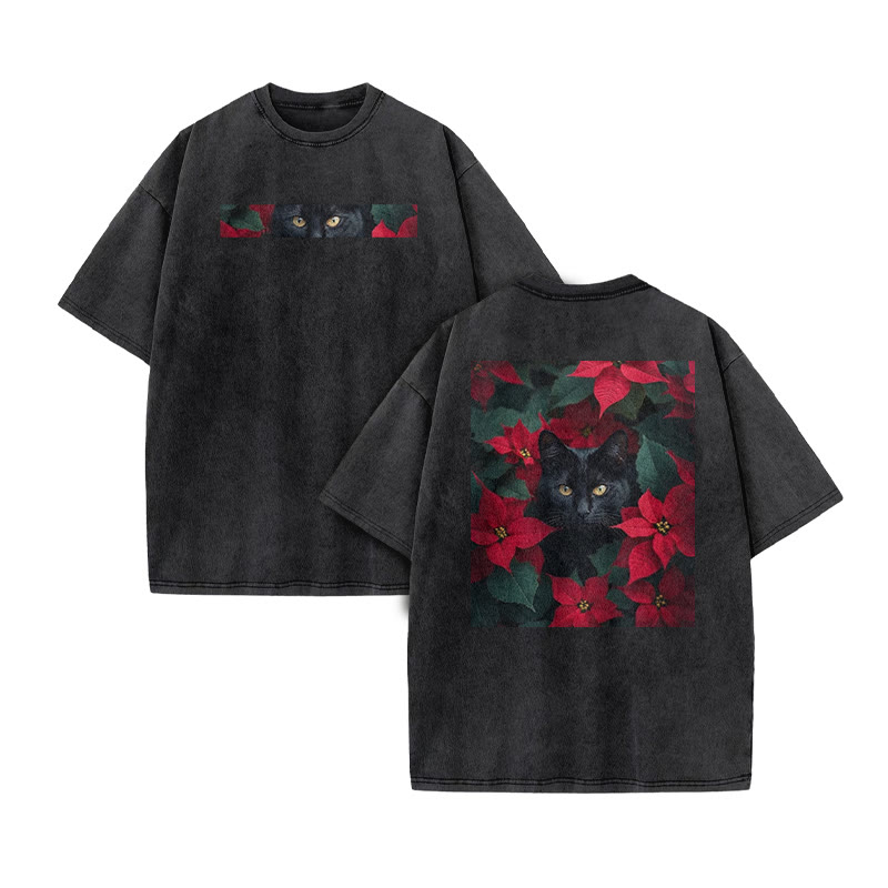 A Black Cat In A Field Of Christmas Flowers Print Acid Washed T-shirt - Black - US20-22(3XL) - image 2