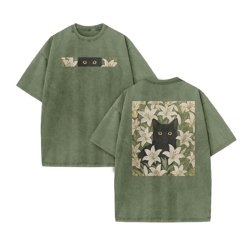 A Black Cat In A Field Of White Lilies Print Acid Washed T-shirt - Army Green - US20-22(3XL) - image 2