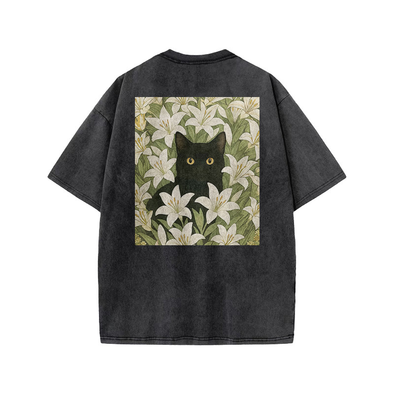 A Black Cat In A Field Of White Lilies Print Acid Washed T-shirt - image 1