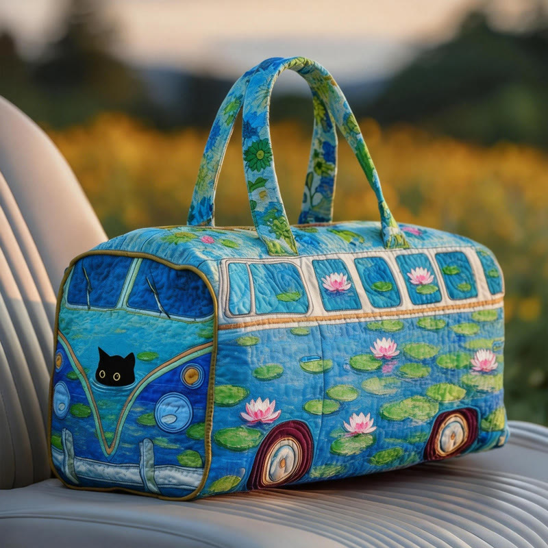 Oil Painting Style Cat Print Quilted Duffle Bag - Blue - one size - image 1