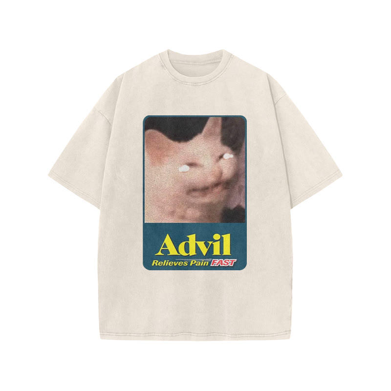 Relieves Pain Fast Crying Cat Funny Print Acid Washed T-shirt - Beige - US20-22(3XL) - image 2