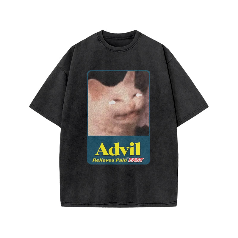 Relieves Pain Fast Crying Cat Funny Print Acid Washed T-shirt - Black - US20-22(3XL) - image 1