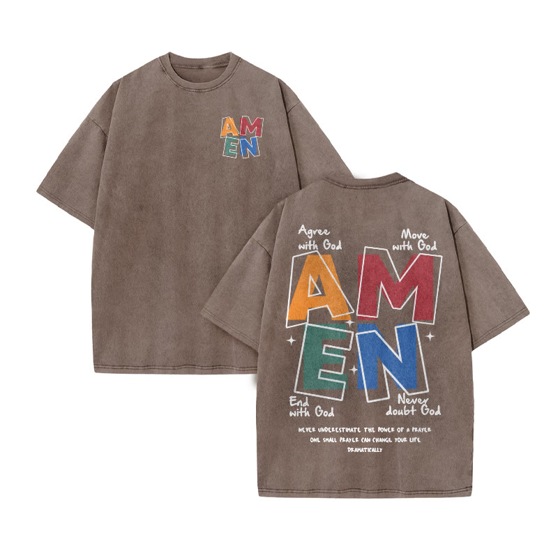 Amen Devotionally Print Acid Washed T-shirt - Coffee - US20-22(3XL) - image 2