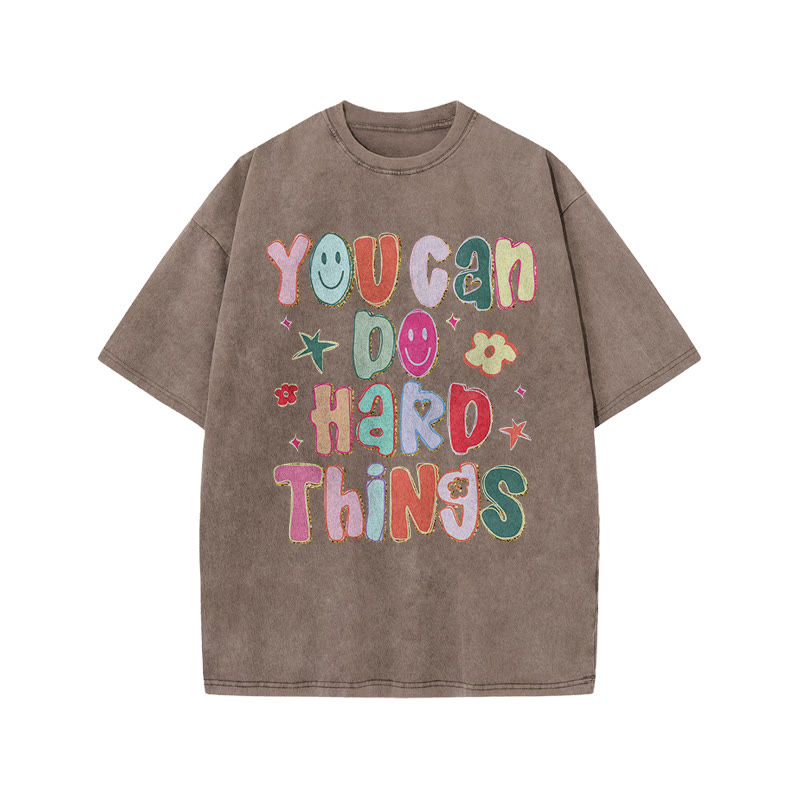 You Can Do Hard Things Print Acid Washed T-shirt - Coffee - US20-22(3XL) - image 4