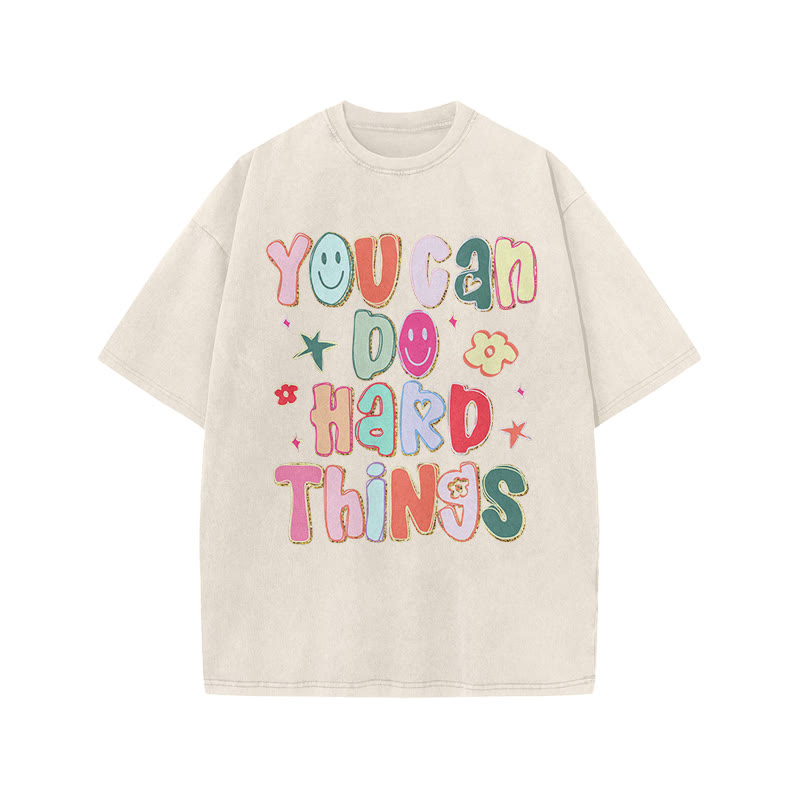 You Can Do Hard Things Print Acid Washed T-shirt - Beige - US20-22(3XL) - image 2