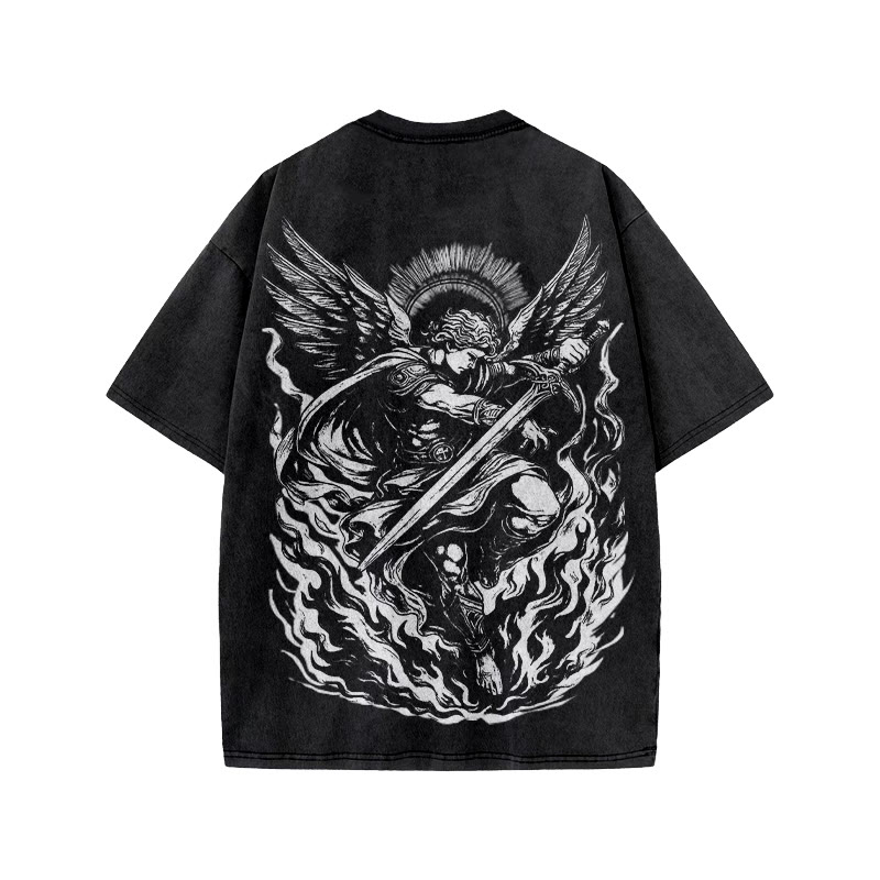 The Angel Is Surrounded By Flame Print Acid Washed T-shirt - image 1