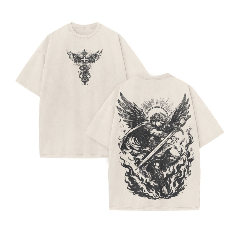 The Angel Is Surrounded By Flame Print Acid Washed T-shirt - Beige - US20-22(3XL) - image 3