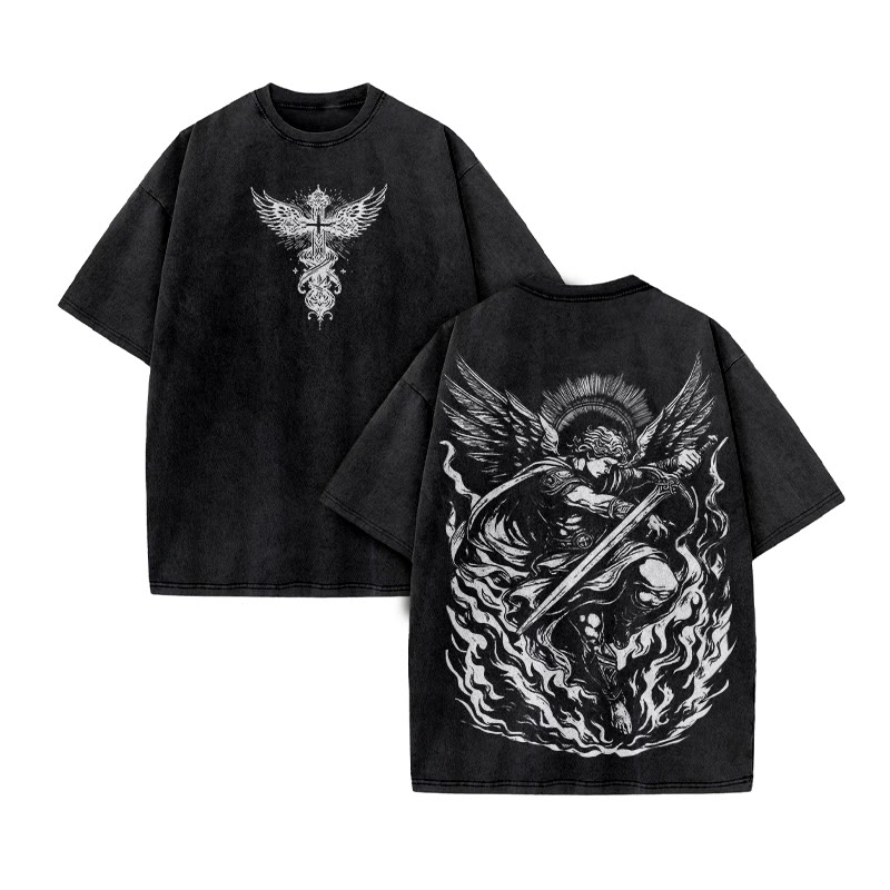The Angel Is Surrounded By Flame Print Acid Washed T-shirt - Black - US20-22(3XL) - image 2