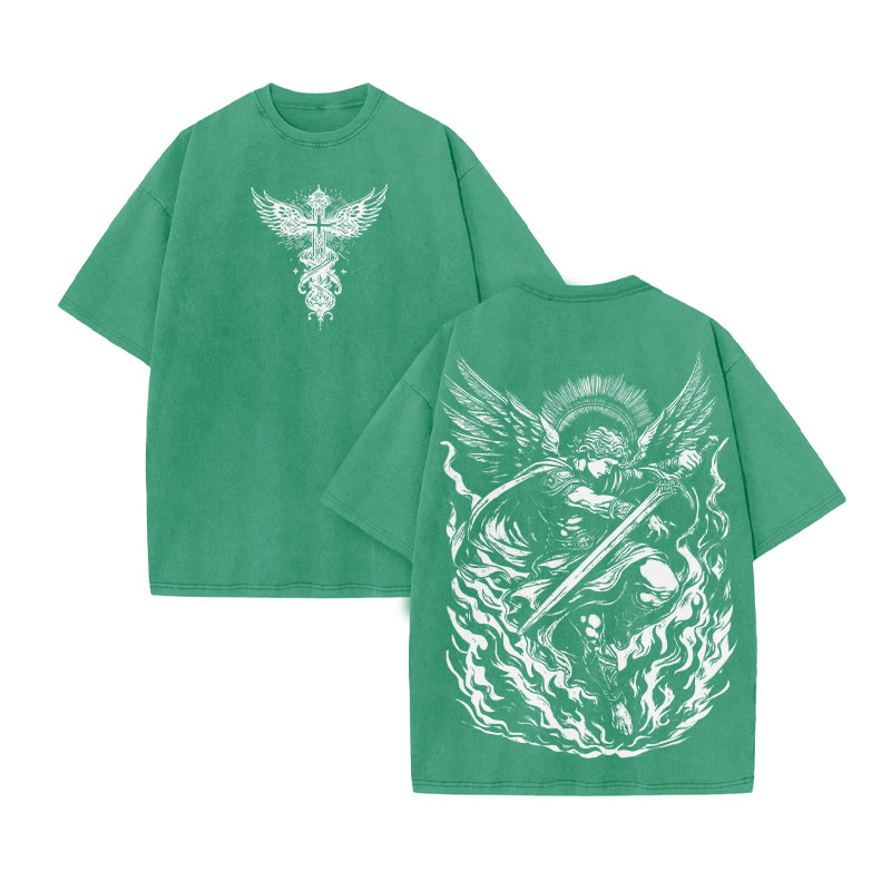 The Angel Is Surrounded By Flame Print Acid Washed T-shirt - Green - US20-22(3XL) - image 7