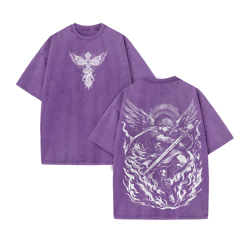 The Angel Is Surrounded By Flame Print Acid Washed T-shirt - Purple - US20-22(3XL) - image 8